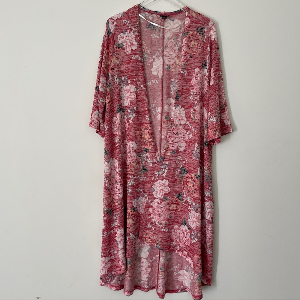 Torrid Kimono Cardigan Women Large Open Front Longline Sweater Red Floral Duster